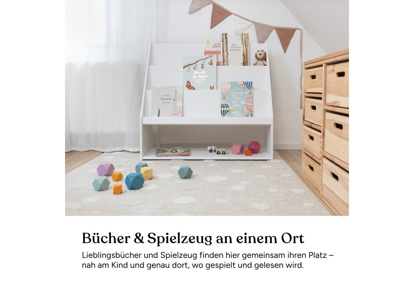Ehrenkind Bücherregal mit Stauraum, aus massivem Kiefernholz, frontale Buchablage auf Kinderhöhe, Montessori-inspiriert Bild 3