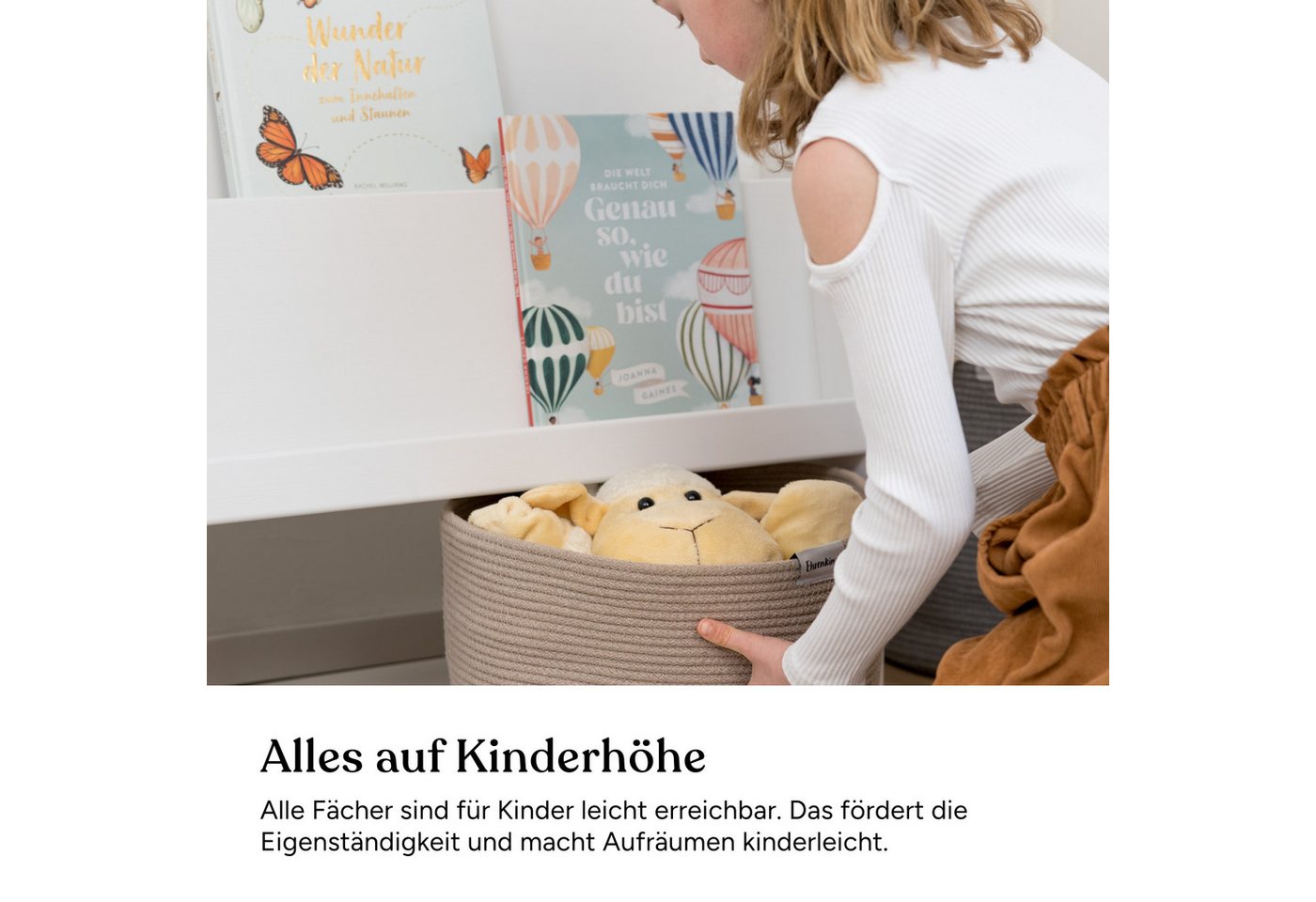 Ehrenkind Bücherregal mit Stauraum, aus massivem Kiefernholz, frontale Buchablage auf Kinderhöhe, Montessori-inspiriert Bild 4