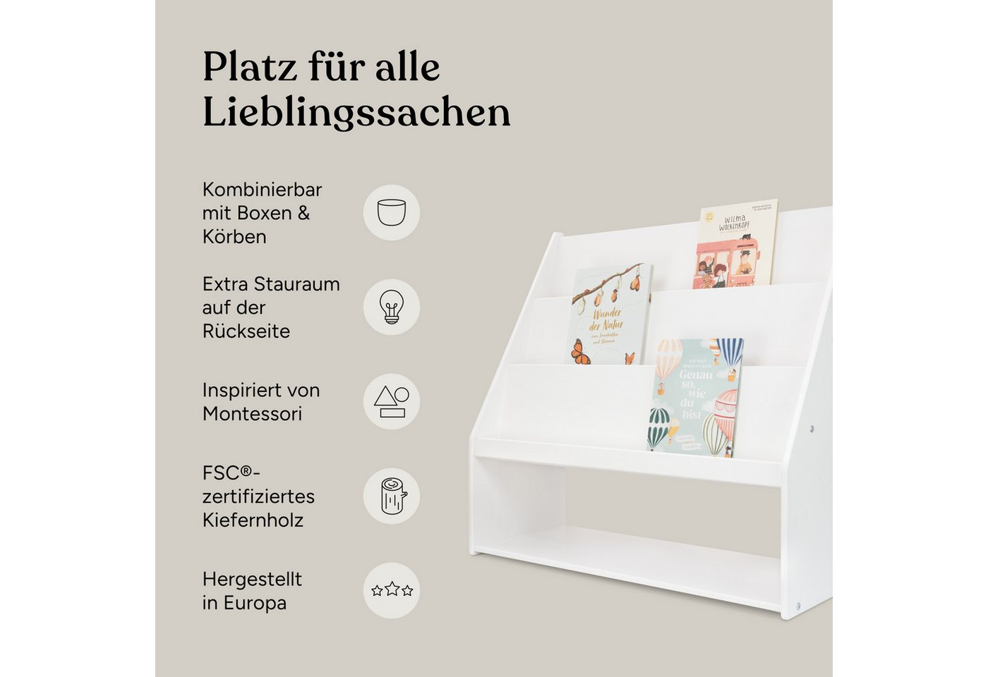 Ehrenkind Bücherregal mit Stauraum, aus massivem Kiefernholz, frontale Buchablage auf Kinderhöhe, Montessori-inspiriert Bild 5