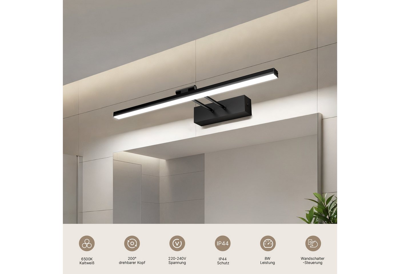 EMKE LED Spiegelleuchte Wandleuchte 40cm drehbar Badezimmer, LED fest integriert, Neutralweiß, Kaltweiß, IP44 Wasserdihct 4200K/6500K Kaltweiß Neutralweiß Licht