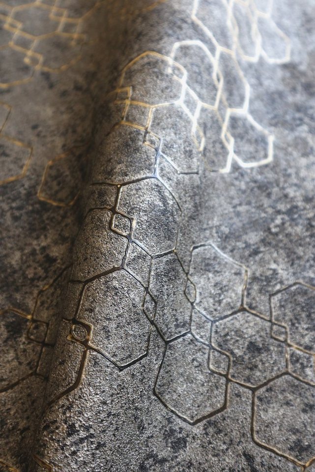 Newroom Vliestapete Muster1 Tapete Mustertapete Leicht Glänzend,Hexagon,Sechsecke, Schwarz Tapete Leicht Glänzend Modern - Mustertapete Metalic Gold Grau Hexagon Grafisch für Schlafzimmer Wohnzimmer Küche, Metalic