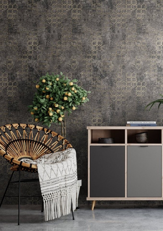 Newroom Vliestapete Muster1 Tapete Mustertapete Leicht Glänzend,Hexagon,Sechsecke, Schwarz Tapete Leicht Glänzend Modern - Mustertapete Metalic Gold Grau Hexagon Grafisch für Schlafzimmer Wohnzimmer Küche, Metalic Bild 2