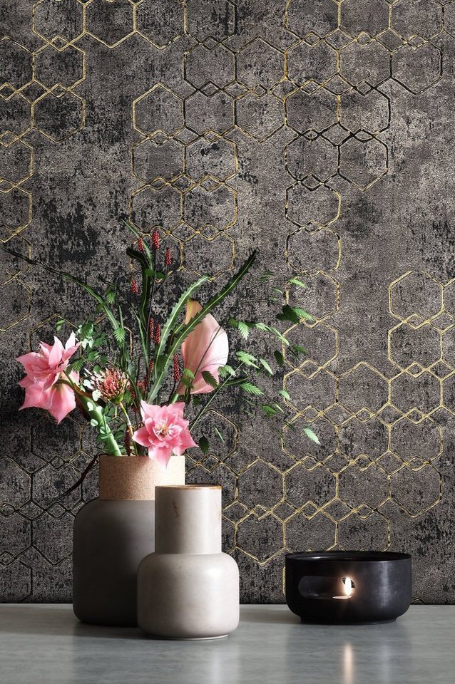 Newroom Vliestapete Muster1 Tapete Mustertapete Leicht Glänzend,Hexagon,Sechsecke, Schwarz Tapete Leicht Glänzend Modern - Mustertapete Metalic Gold Grau Hexagon Grafisch für Schlafzimmer Wohnzimmer Küche, Metalic Bild 3