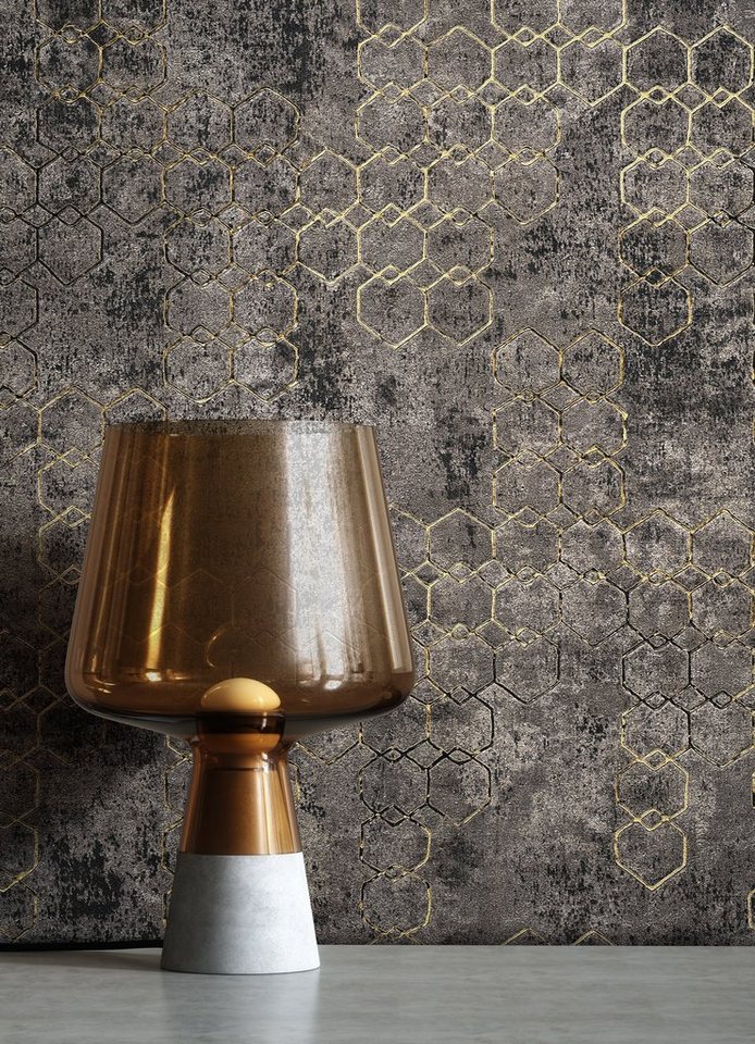 Newroom Vliestapete Muster1 Tapete Mustertapete Leicht Glänzend,Hexagon,Sechsecke, Schwarz Tapete Leicht Glänzend Modern - Mustertapete Metalic Gold Grau Hexagon Grafisch für Schlafzimmer Wohnzimmer Küche, Metalic Bild 4