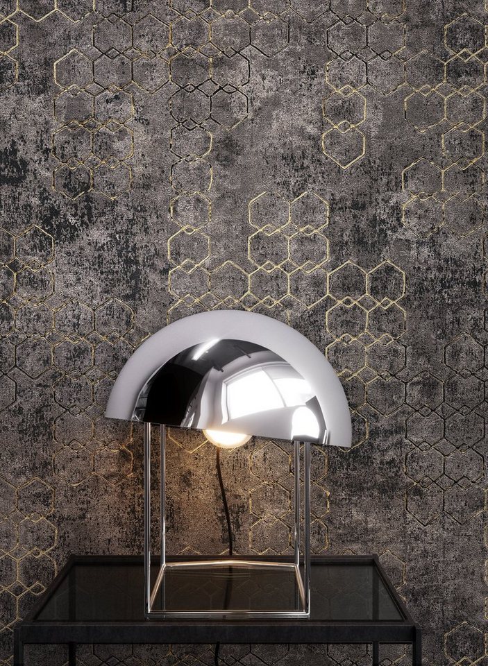 Newroom Vliestapete Muster1 Tapete Mustertapete Leicht Glänzend,Hexagon,Sechsecke, Schwarz Tapete Leicht Glänzend Modern - Mustertapete Metalic Gold Grau Hexagon Grafisch für Schlafzimmer Wohnzimmer Küche, Metalic Bild 5