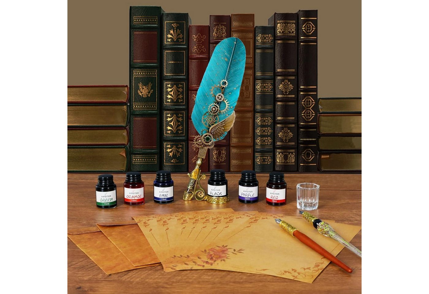 LuxusKollektion Zeichenfeder Schreibfeder Tintenset Quill Stift Notizbuch Federn Siegel Wachs Grau