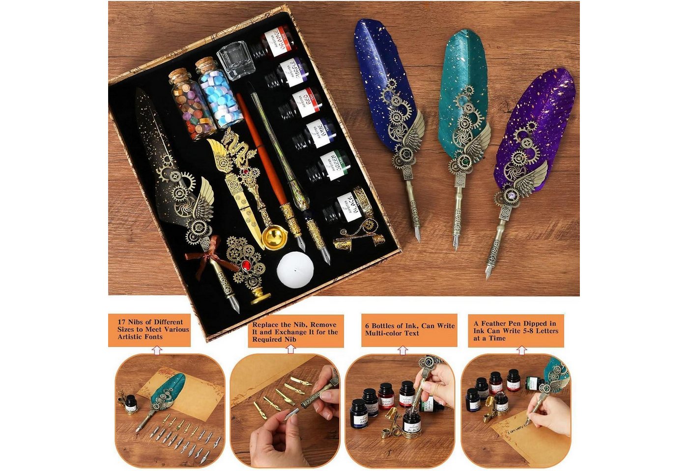 LuxusKollektion Zeichenfeder Schreibfeder Tintenset Quill Stift Notizbuch Federn Siegel Wachs Grau Bild 2