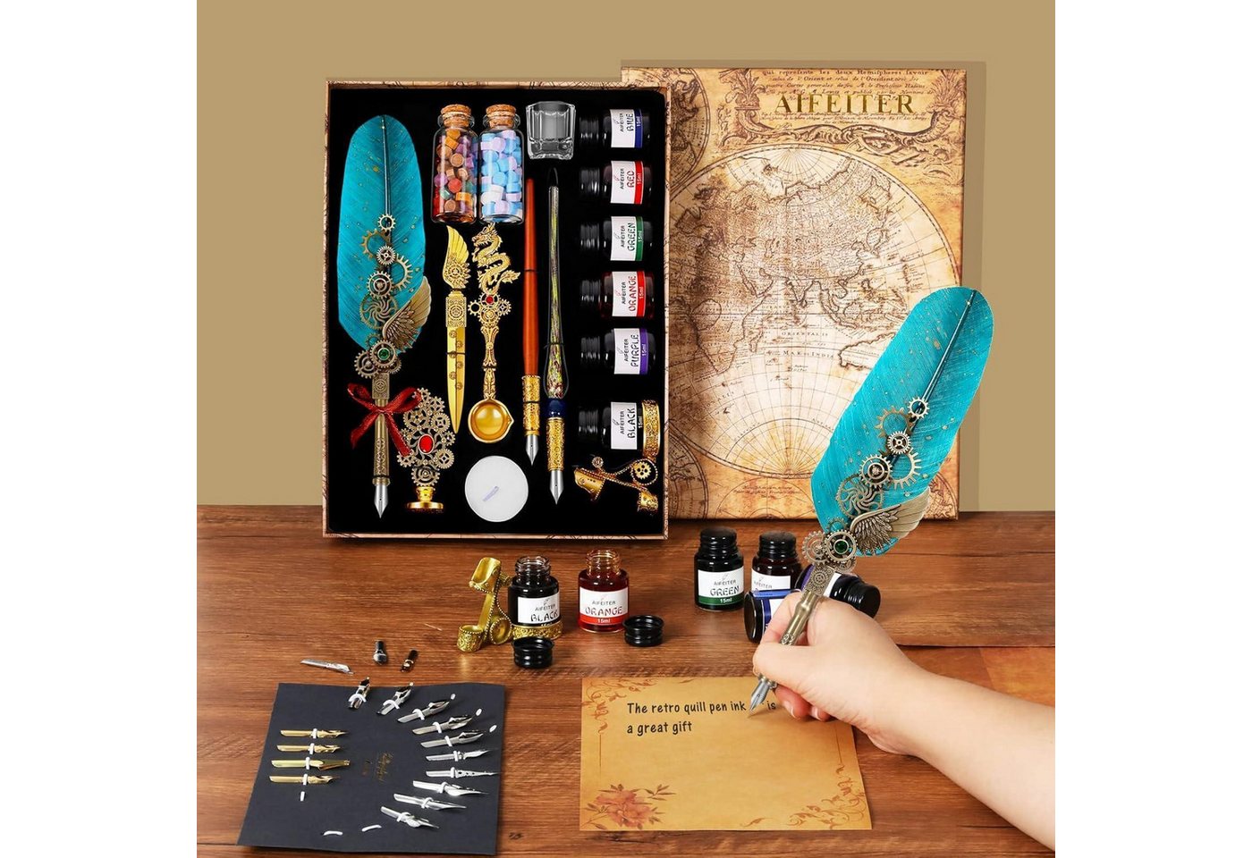 LuxusKollektion Zeichenfeder Schreibfeder Tintenset Quill Stift Notizbuch Federn Siegel Wachs Grau Bild 3