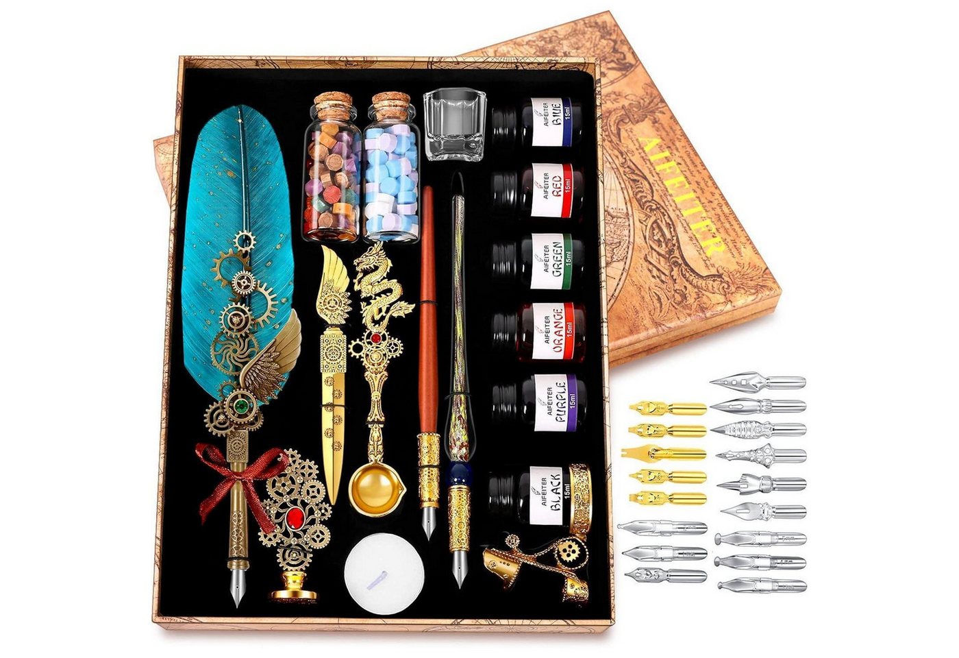 LuxusKollektion Zeichenfeder Schreibfeder Tintenset Quill Stift Notizbuch Federn Siegel Wachs Grau Bild 4