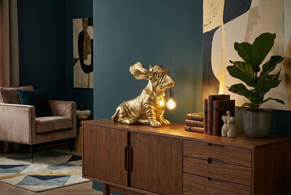riess-ambiente Tischleuchte DACKEL 70cm gold – Hunde-Skulptur, handgefertigt, Statement Piece, keine besonderen Funktionen, ohne Leuchtmittel, ikonische Deko-Objekt als Leuchte – ideal für Sideboard & Wohnbereich