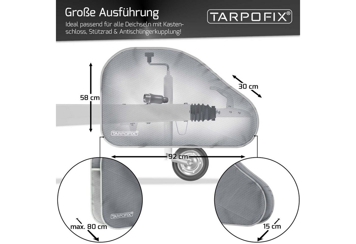 Tarpofix® Schutzplane Deichselabdeckung Anhänger 92x15x58 cm (Deichselhaube Wohnwagen), wasserdicht, UV-beständig