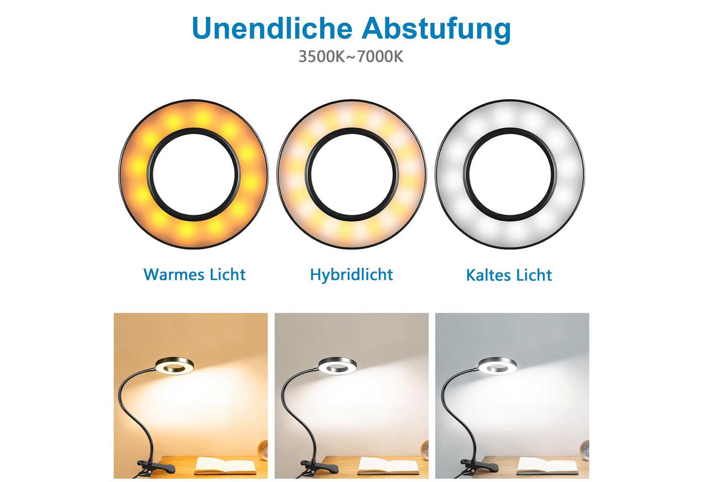 kowdom LED Leselampe LED Leselampe Klemme dimmbar USB, Schwanenhals, 3 Lichtfarben, LED (48 Stück, fest integriert), Warmweiß, Neutralweiß, Kaltweiß