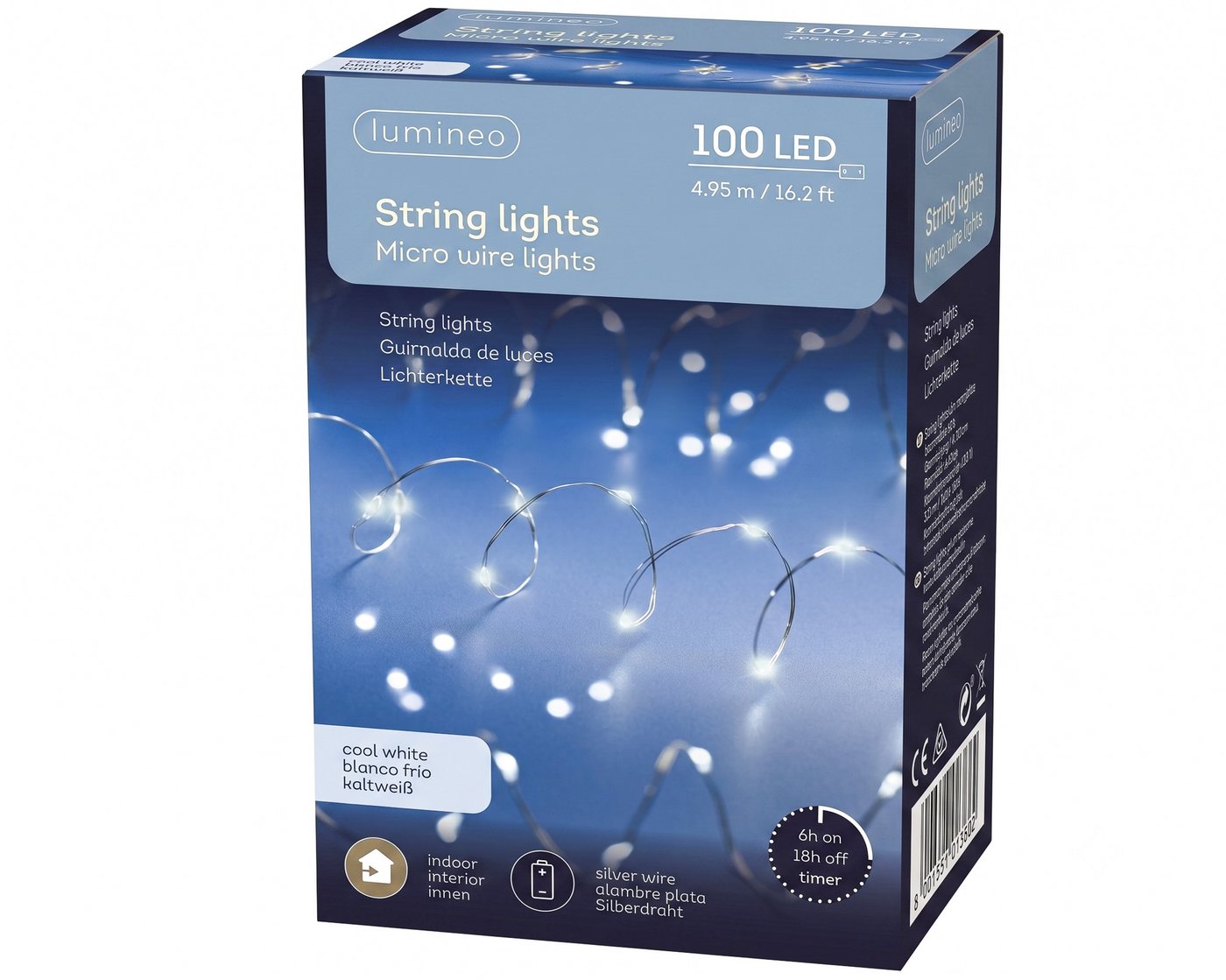 Lumineo LED-Lichterkette, LED Draht Lichterkette 4,95m Batterie 100 Micro-LEDs Kaltweiß Silber Bild 2