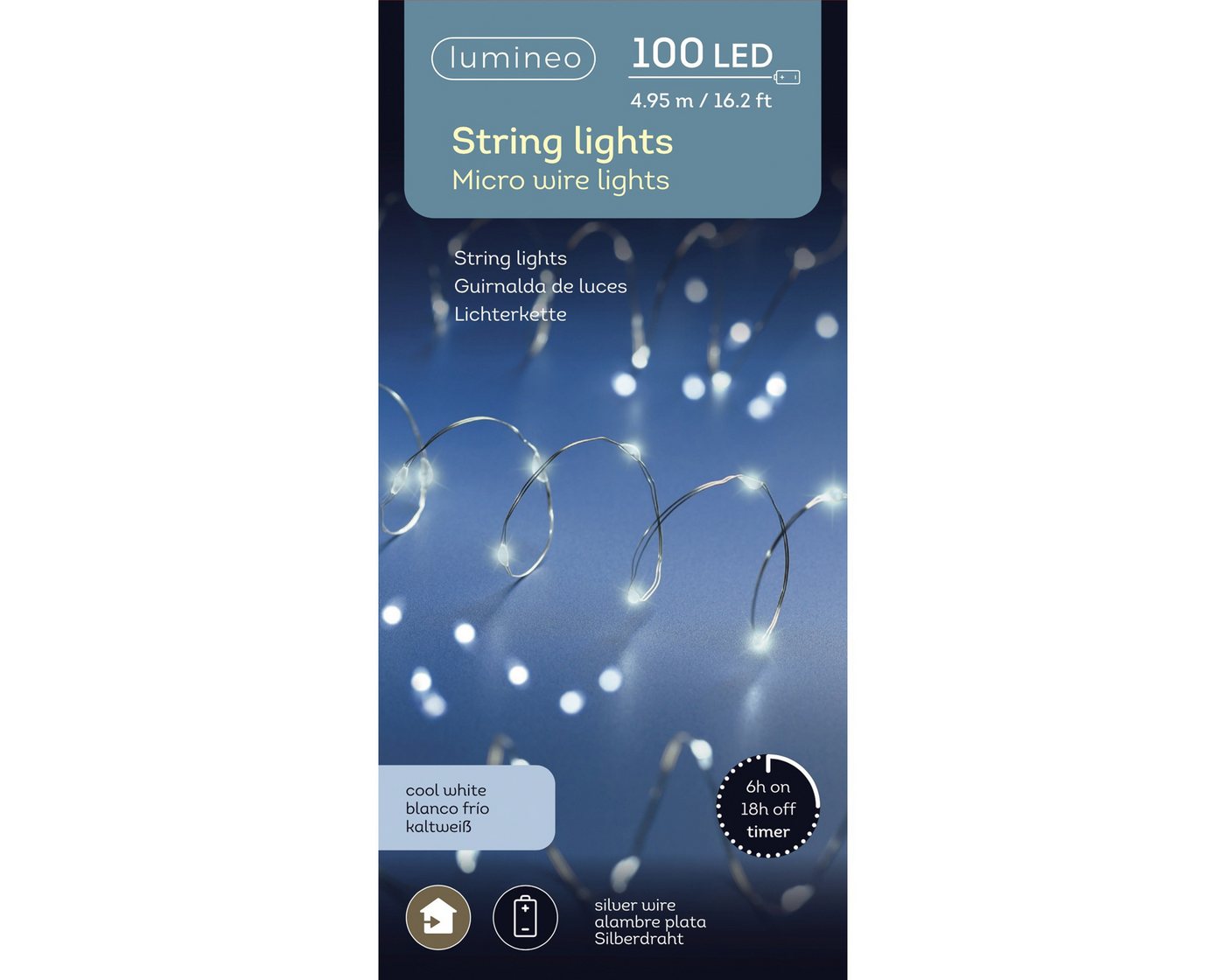 Lumineo LED-Lichterkette, LED Draht Lichterkette 4,95m Batterie 100 Micro-LEDs Kaltweiß Silber Bild 3