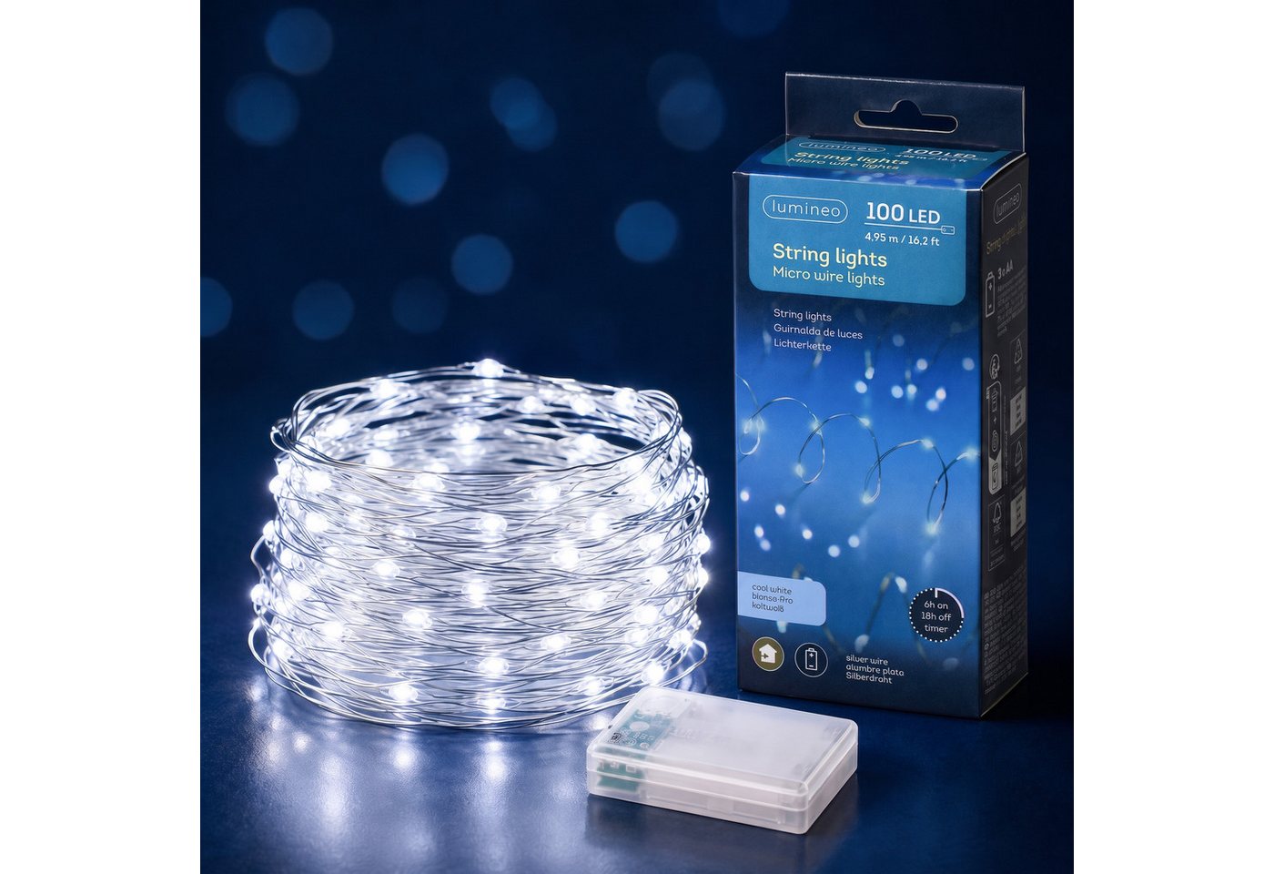 Lumineo LED-Lichterkette, LED Draht Lichterkette 4,95m Batterie 100 Micro-LEDs Kaltweiß Silber Bild 4
