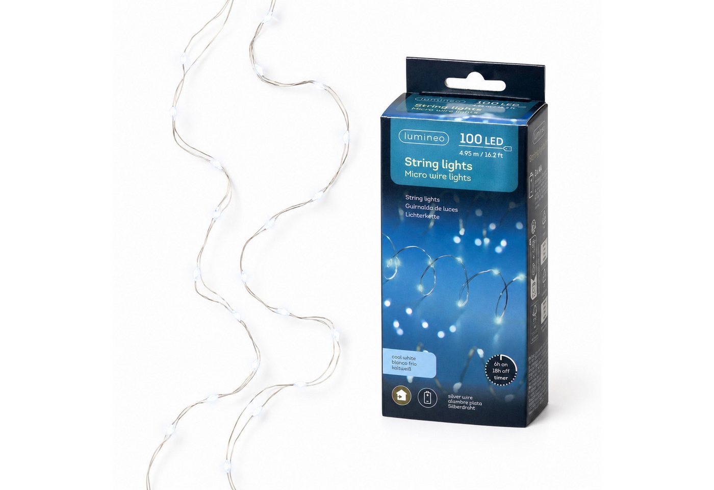 Lumineo LED-Lichterkette, LED Draht Lichterkette 4,95m Batterie 100 Micro-LEDs Kaltweiß Silber Bild 5