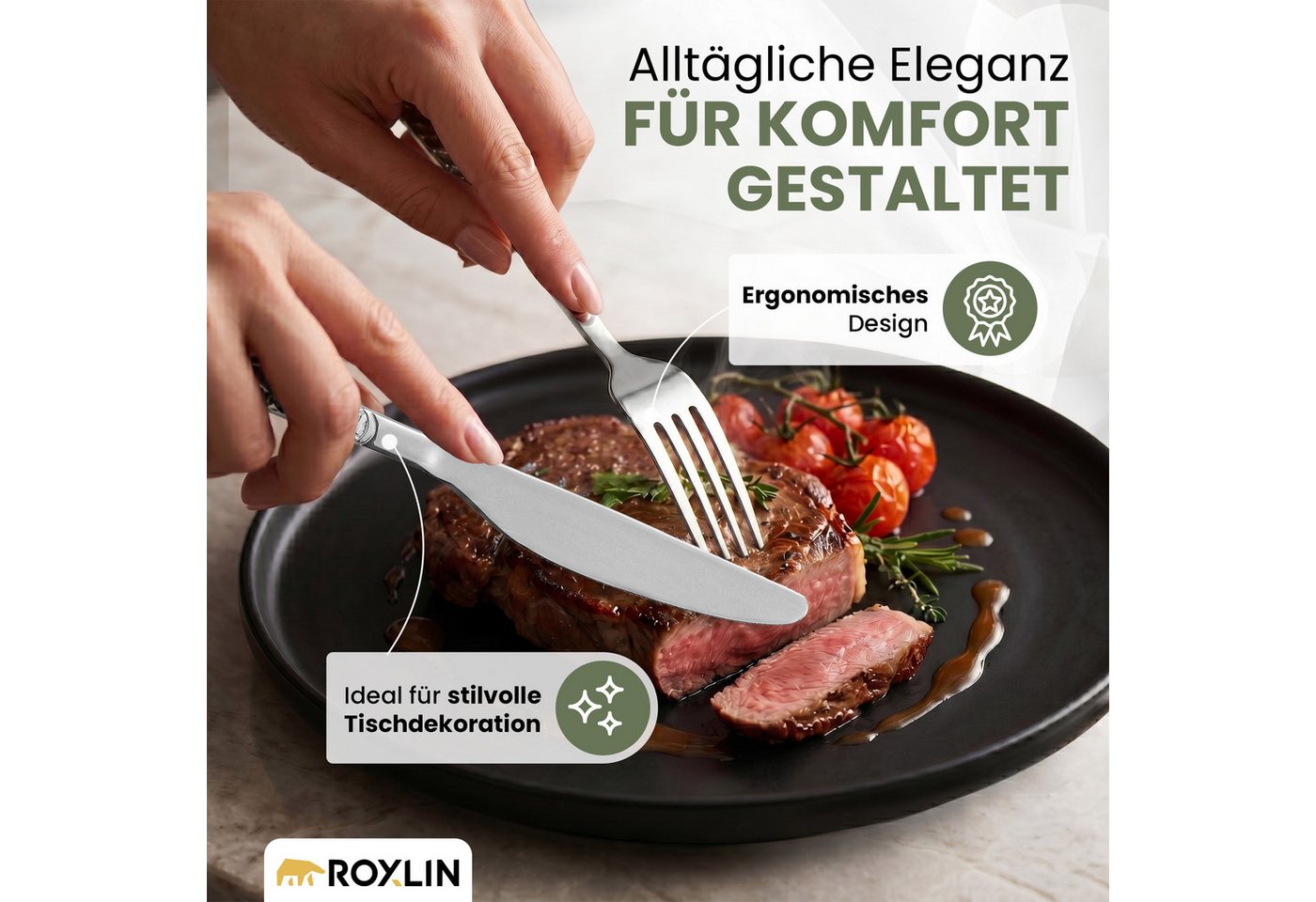 Roxlin Besteck-Set Roxlin Besteckset 30-tlg Stein Design Edelstahl, Gold/Schwarz/Silber, 6 Personen, Edelstahl