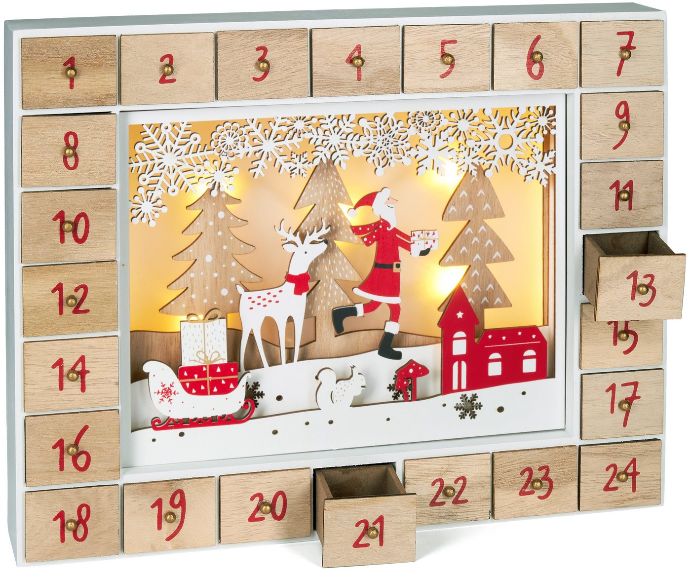 BRUBAKER befüllbarer Adventskalender Weihnachtskalender zum Befüllen - Kalender Weihnachten LED-Beleuchtung (Wiederverwendbar, 1-tlg), Holz Deko Weihnachtsmann im Wald 35,5 x 6 x 27 cm Bild 2