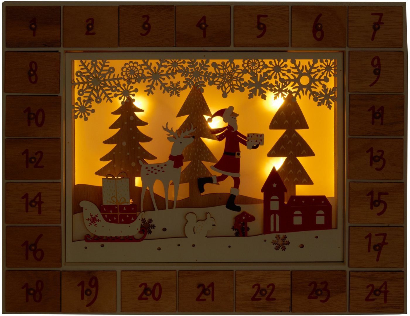 BRUBAKER befüllbarer Adventskalender Weihnachtskalender zum Befüllen - Kalender Weihnachten LED-Beleuchtung (Wiederverwendbar, 1-tlg), Holz Deko Weihnachtsmann im Wald 35,5 x 6 x 27 cm Bild 3