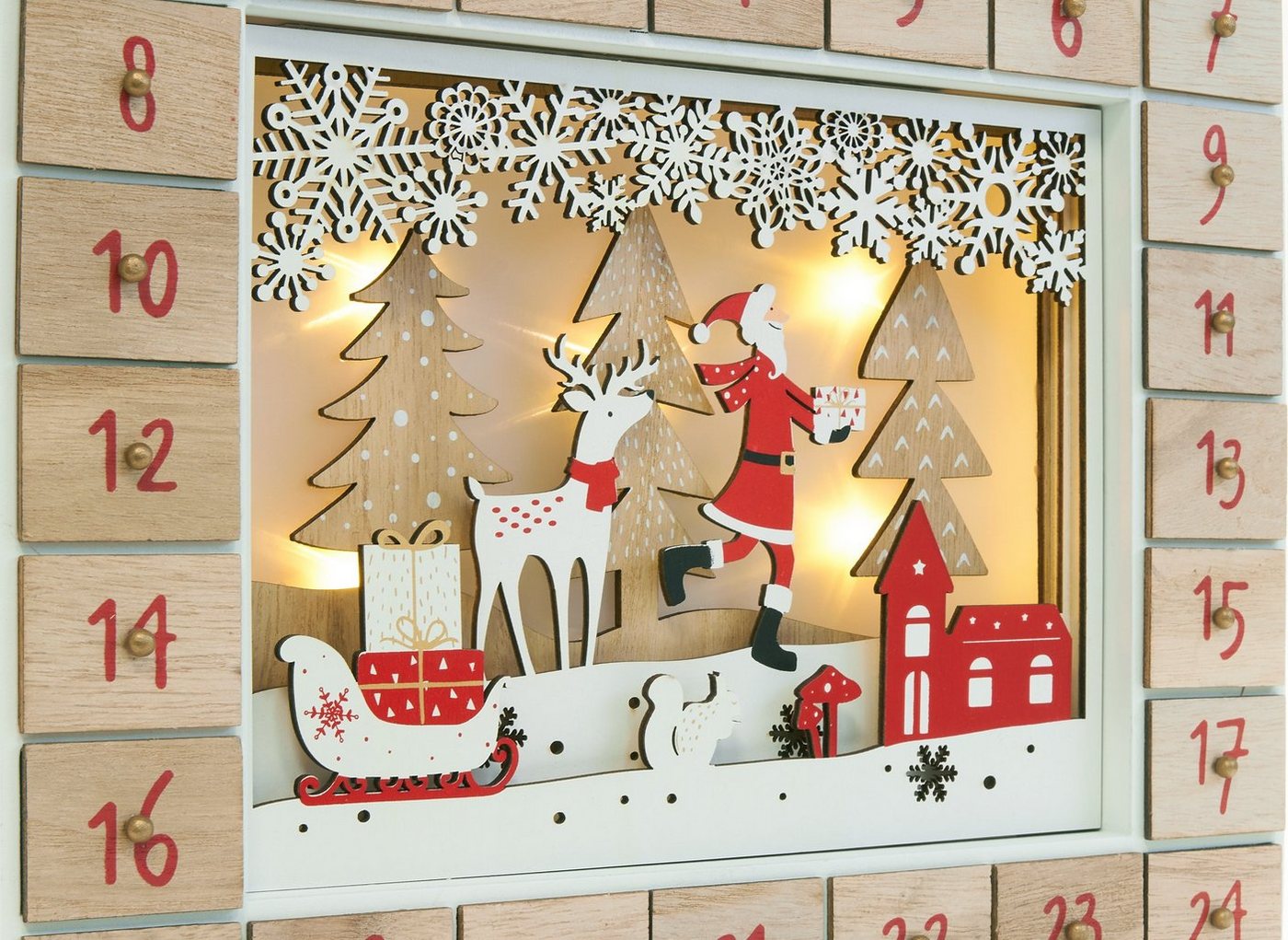 BRUBAKER befüllbarer Adventskalender Weihnachtskalender zum Befüllen - Kalender Weihnachten LED-Beleuchtung (Wiederverwendbar, 1-tlg), Holz Deko Weihnachtsmann im Wald 35,5 x 6 x 27 cm Bild 5