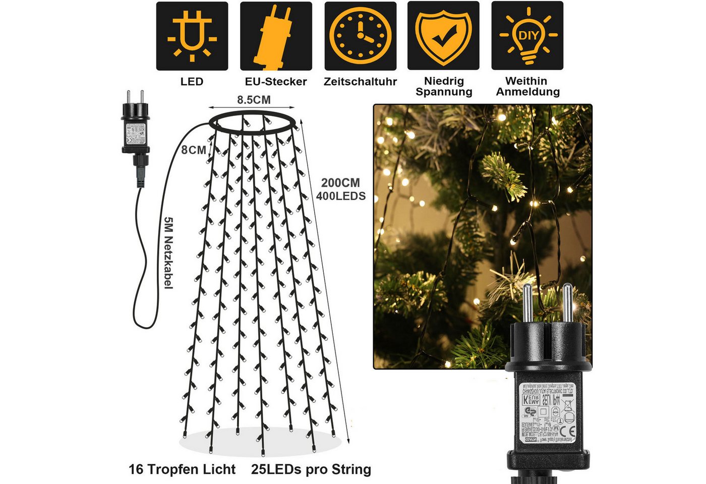 MUPOO LED-Baummantel 2025 Neu LED Baummantel Weihnachtsbeleuchtung Lichterkette Mit Ring, 8 Modi,Timer und Speicherfunktion, 31V Energiesparen Lichterkette Bild 2