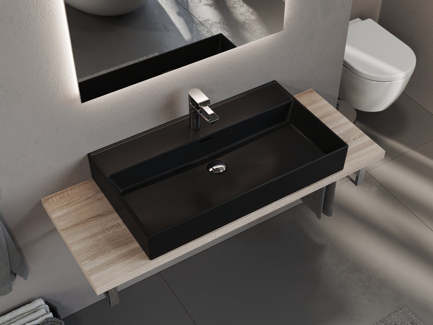 Aqua Bagno Waschbecken 80cm eckig - Aufsatzwaschbecken schwarz matt - Keramik Bild 4
