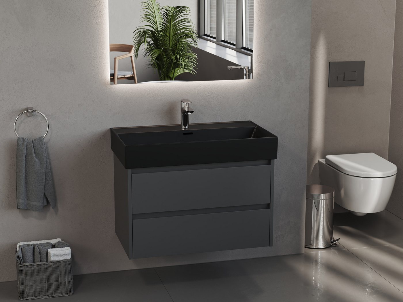 Aqua Bagno Waschbecken 80cm eckig - Aufsatzwaschbecken schwarz matt - Keramik Bild 5