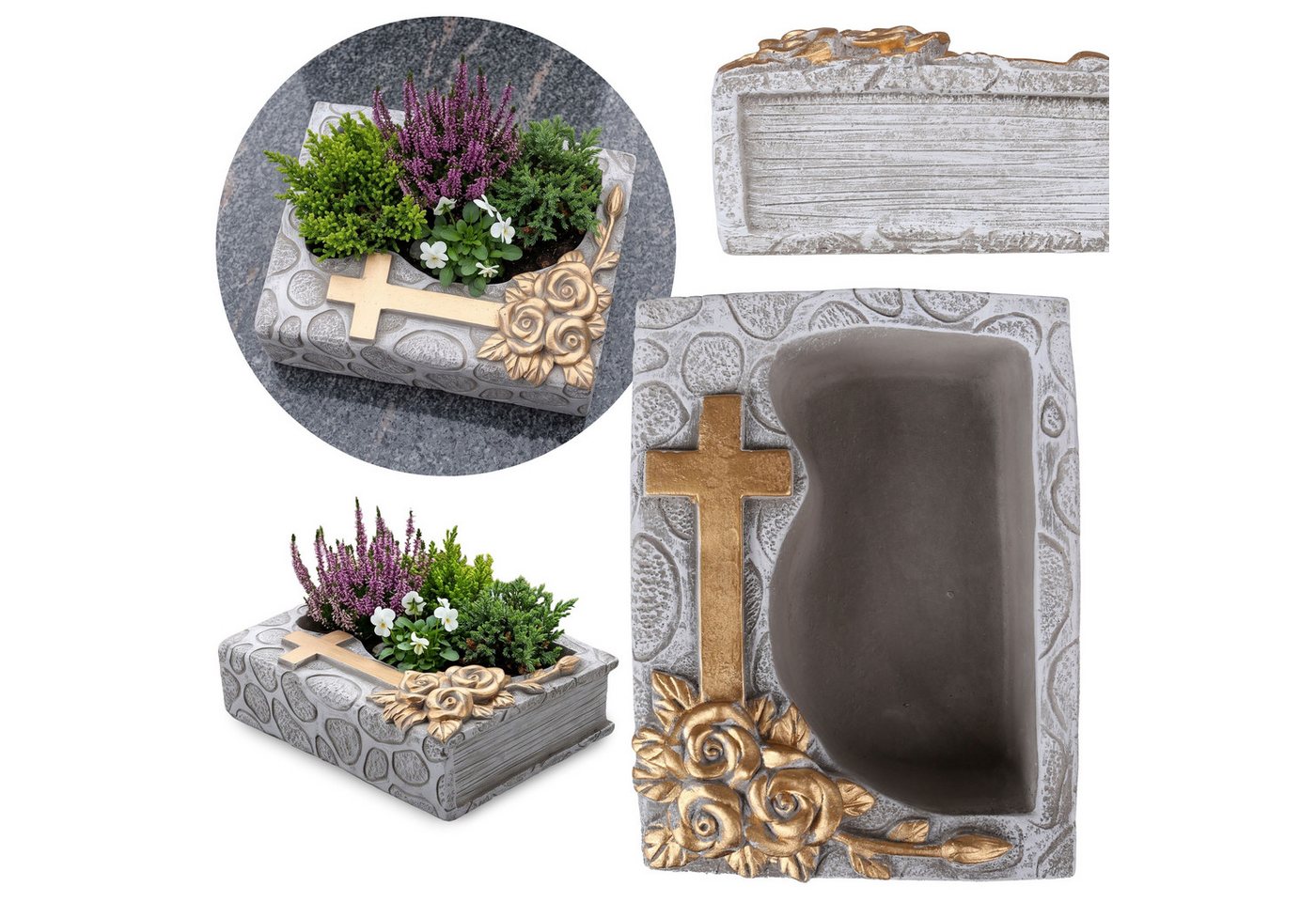 Sarcia.eu Pflanzkübel Grabtopf aus Zement in Buchform mit Kreuz, Übertopf, 22 x 16,5 x 6 cm Bild 2