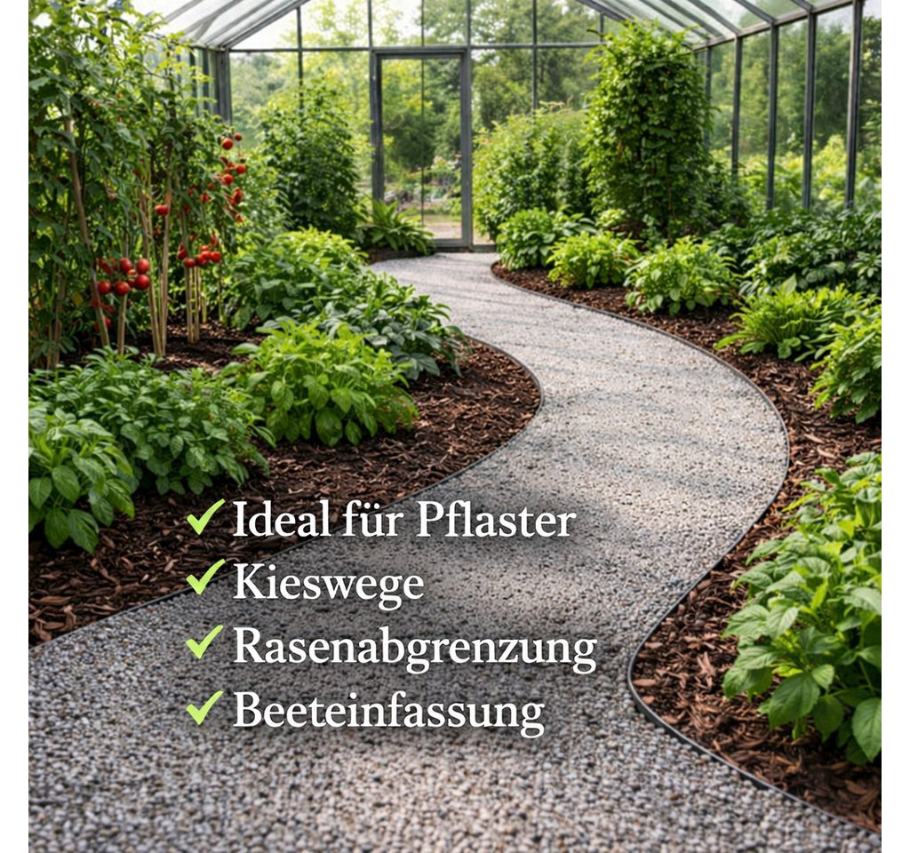 BigDean Rasenkante Flexible Beeteinfassung mit optimaler Höhe ideal für Kieswege, LxH: 1000x6 cm, Set, Rasenkante 10 m x 6 cm inklusive 20 Erdnägeln und 100 Ösen, Flexibel biegbar