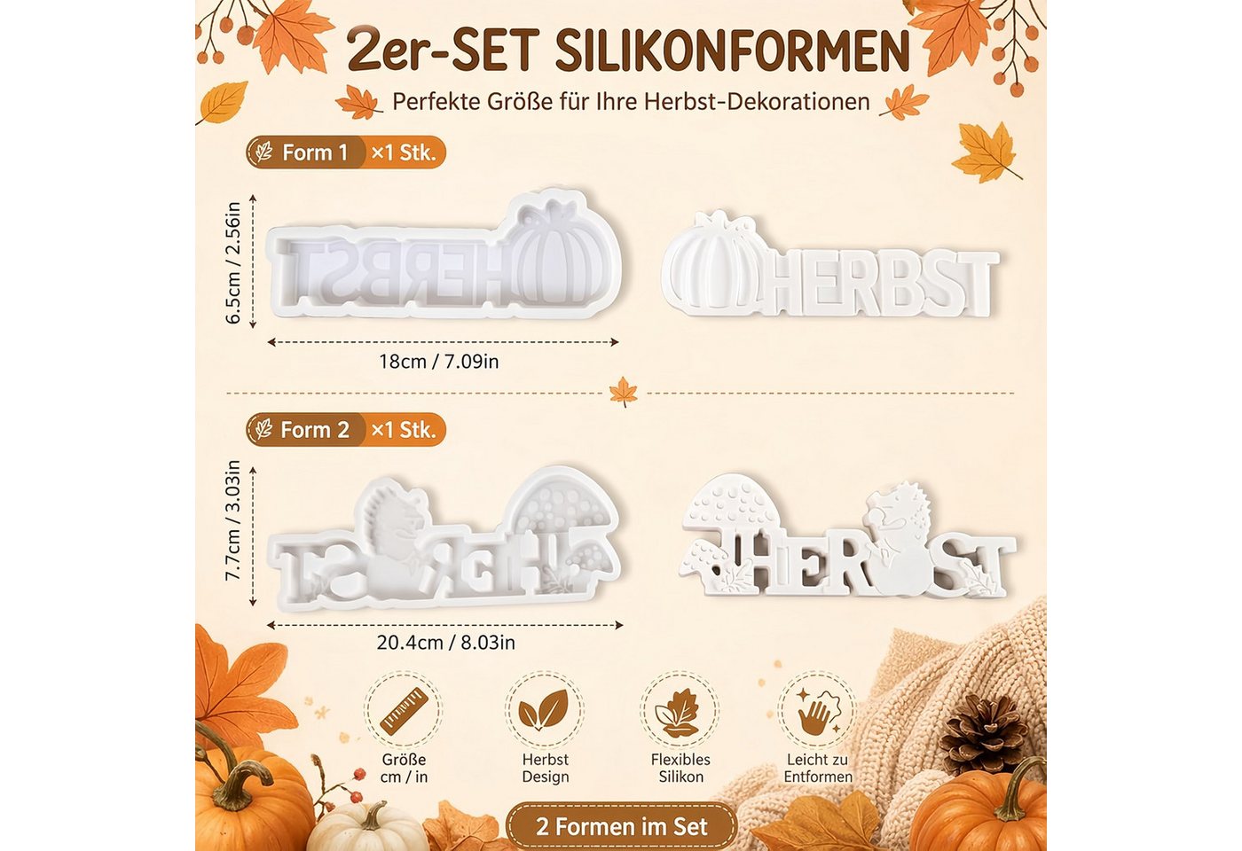 FOUORTUNATE-BEE Silikonform Silikonformen Herbst 2er Set für Halloween Deko, (2-tlg), Herbst Silikonformen 2er Set für Erntezeit & Halloween Bild 4