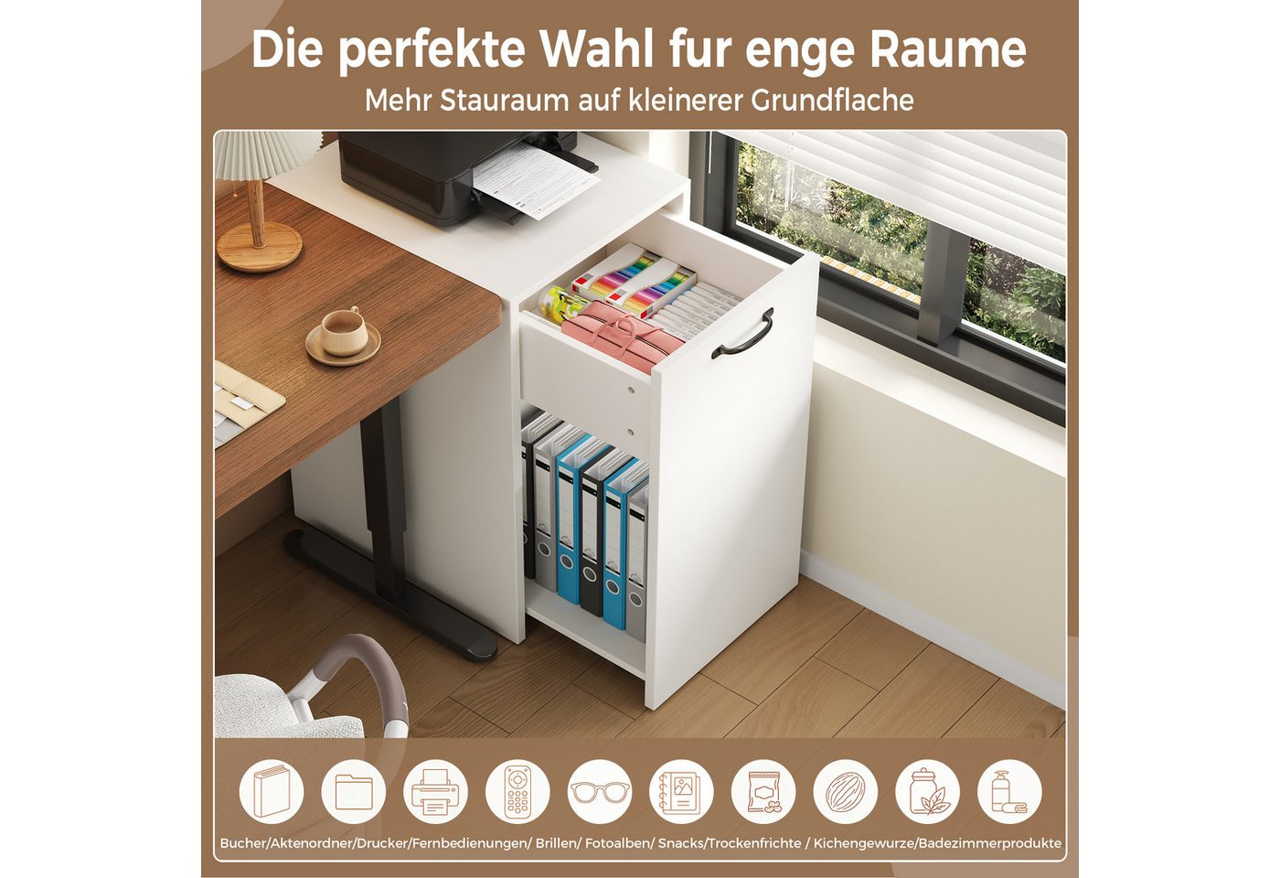 Flieks Aktenschrank Mehrzweckschrank Bücherregal, 2-stufiges Ausziehregal mit Rollen (1-St., 35x40x70 cm) Mobiler Büroschrank Bürocontainer Rollschrank mit Schubladen Weiß Bild 3