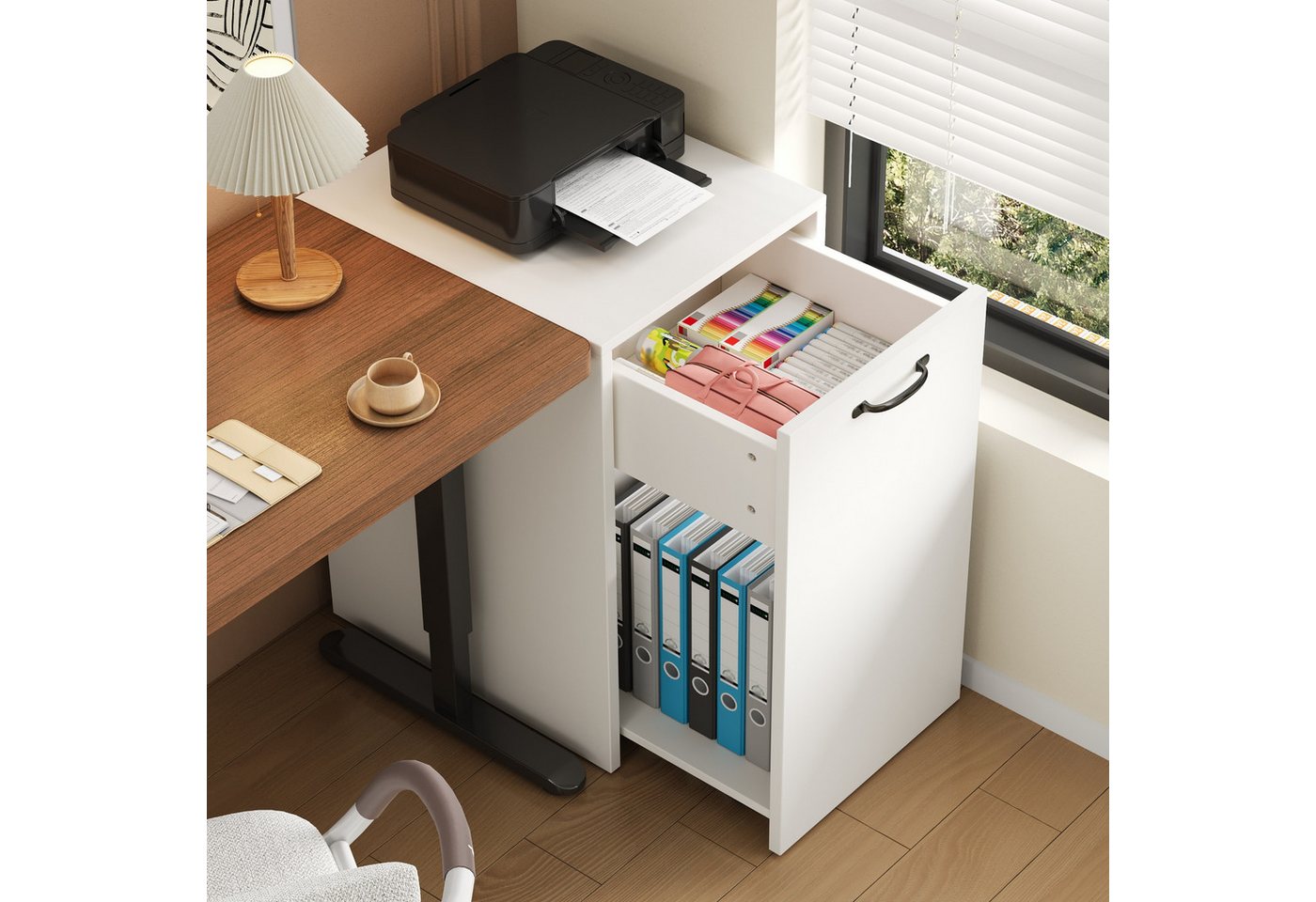 Flieks Aktenschrank Mehrzweckschrank Bücherregal, 2-stufiges Ausziehregal mit Rollen (1-St., 35x40x70 cm) Mobiler Büroschrank Bürocontainer Rollschrank mit Schubladen Weiß Bild 5