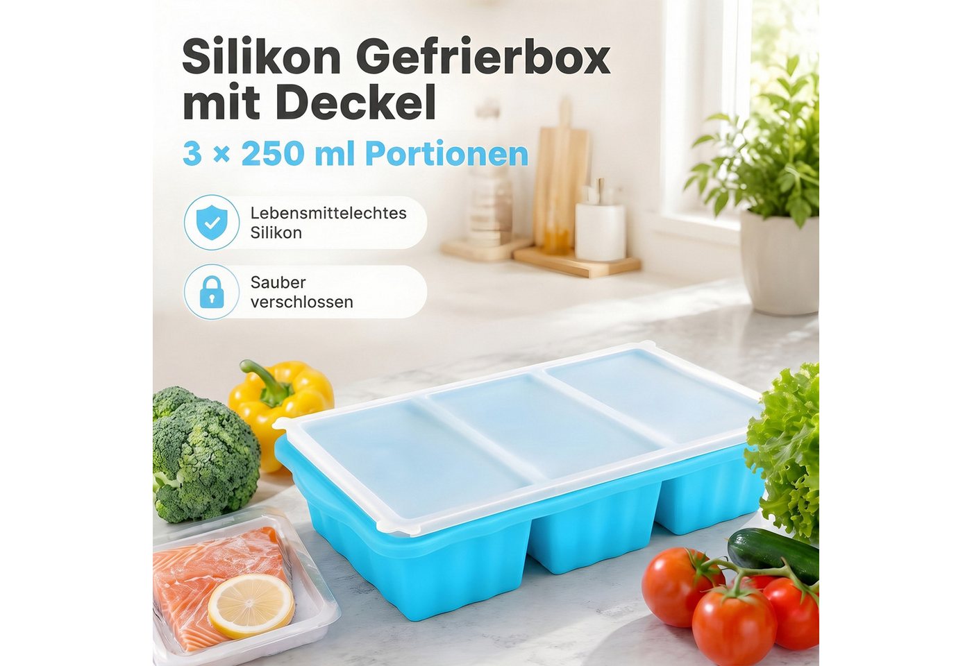 AIMAX Eiswürfelform 2er Set Silikon Gefrierformen mit Deckel 3 Fächern Eiswürfel Je 250-ml, (mit verstärktem Edelstahlrahmen, leicht zu lösende, Spülmaschinenfest), Einfrieren Behälter für Suppen, Brühe, Soße, Meal Prep und Eiswürfel