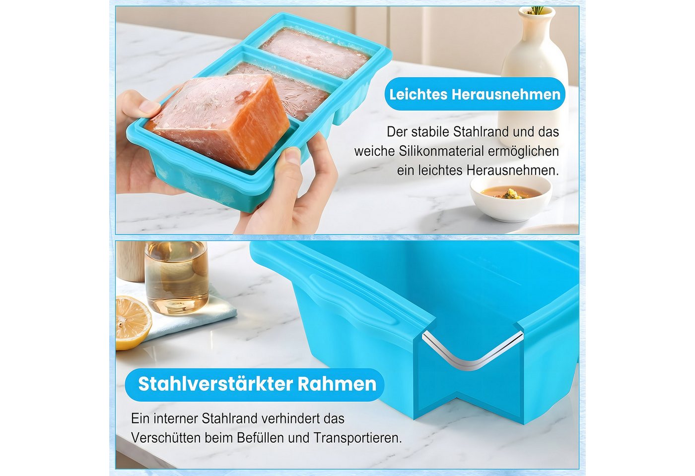 AIMAX Eiswürfelform 2er Set Silikon Gefrierformen mit Deckel 3 Fächern Eiswürfel Je 250-ml, (mit verstärktem Edelstahlrahmen, leicht zu lösende, Spülmaschinenfest), Einfrieren Behälter für Suppen, Brühe, Soße, Meal Prep und Eiswürfel Bild 2