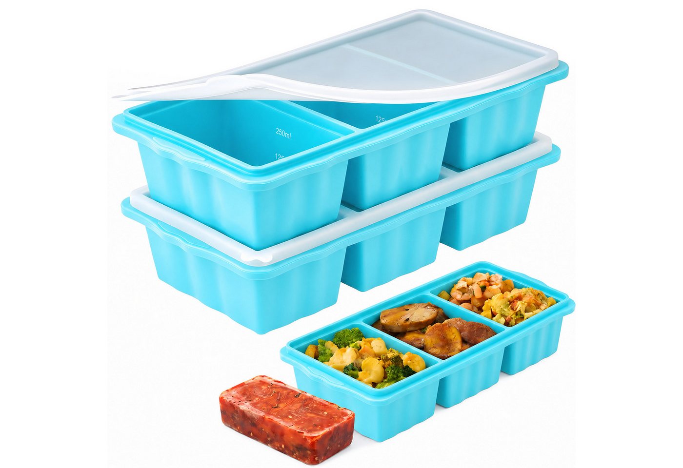 AIMAX Eiswürfelform 2er Set Silikon Gefrierformen mit Deckel 3 Fächern Eiswürfel Je 250-ml, (mit verstärktem Edelstahlrahmen, leicht zu lösende, Spülmaschinenfest), Einfrieren Behälter für Suppen, Brühe, Soße, Meal Prep und Eiswürfel Bild 3