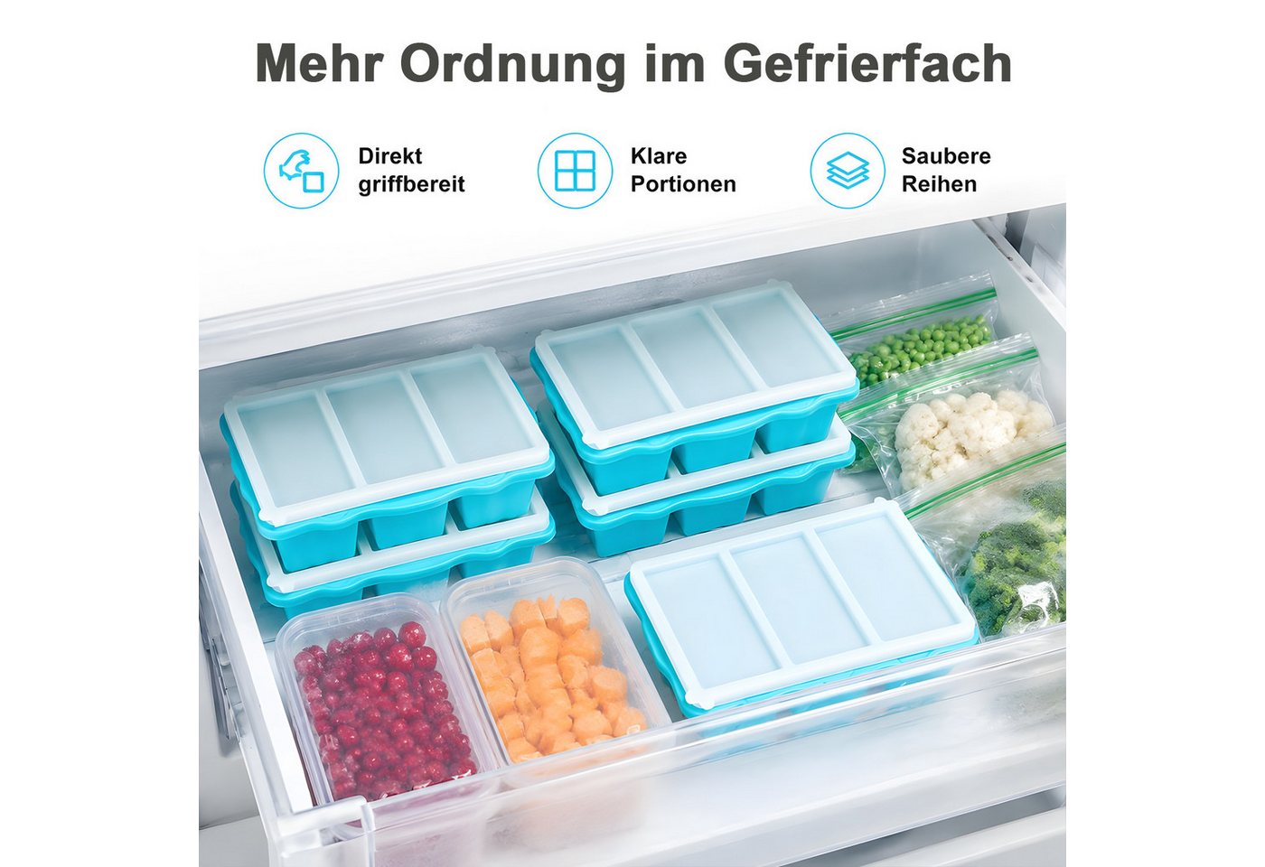 AIMAX Eiswürfelform 2er Set Silikon Gefrierformen mit Deckel 3 Fächern Eiswürfel Je 250-ml, (mit verstärktem Edelstahlrahmen, leicht zu lösende, Spülmaschinenfest), Einfrieren Behälter für Suppen, Brühe, Soße, Meal Prep und Eiswürfel Bild 4