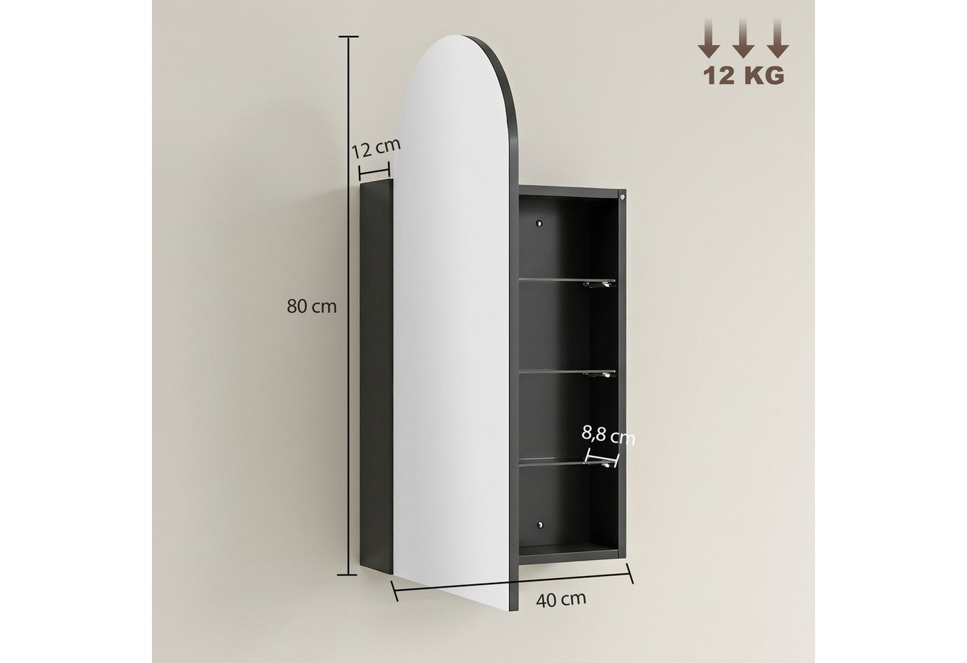 HOMCOM Spiegelschrank Hängender Badschrank mit Regalen (Set, 1-St., Spiegelschrank) Rahmenloser Bogenspiegel, Soft-Close, Glasböden Bild 5