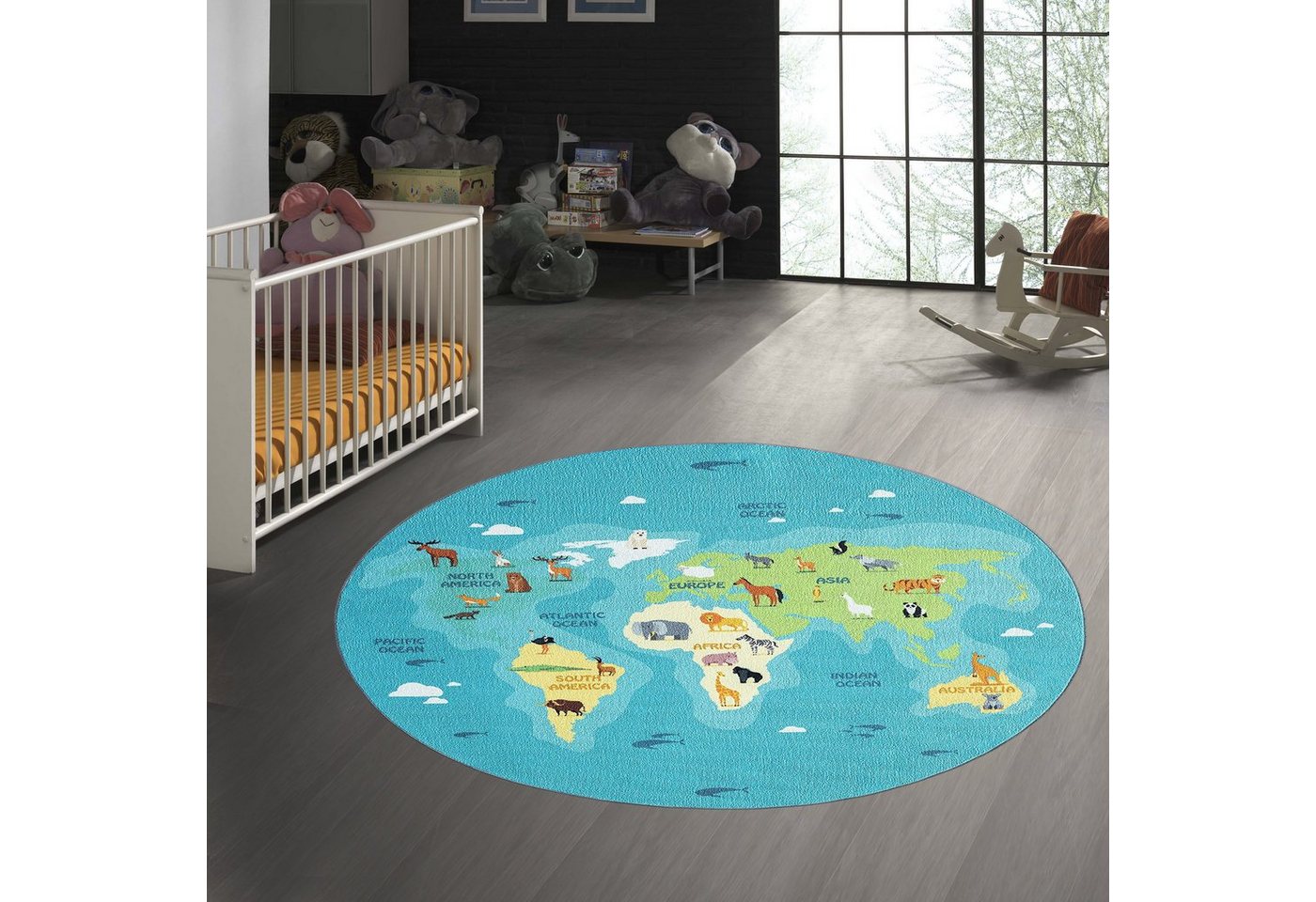 TeppichHome24 Teppich Kinderzimmer Weltkarten-Lernteppich mit Tieren in blau, rund, Höhe: 7 mm