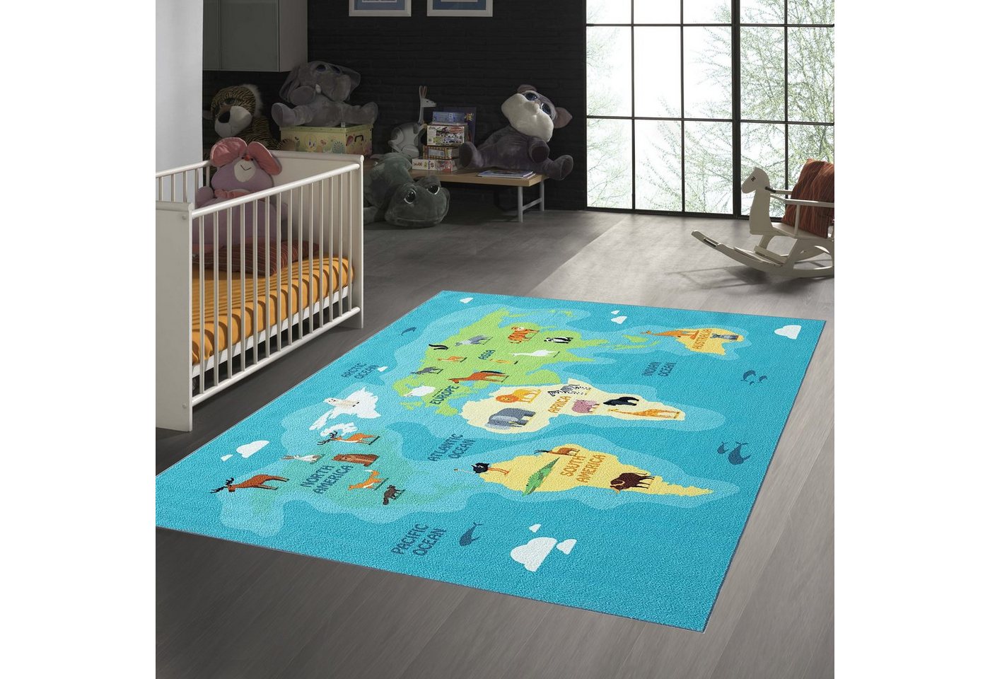 TeppichHome24 Teppich Kinderzimmer Weltkarten-Lernteppich mit Tieren in blau, rund, Höhe: 7 mm Bild 2