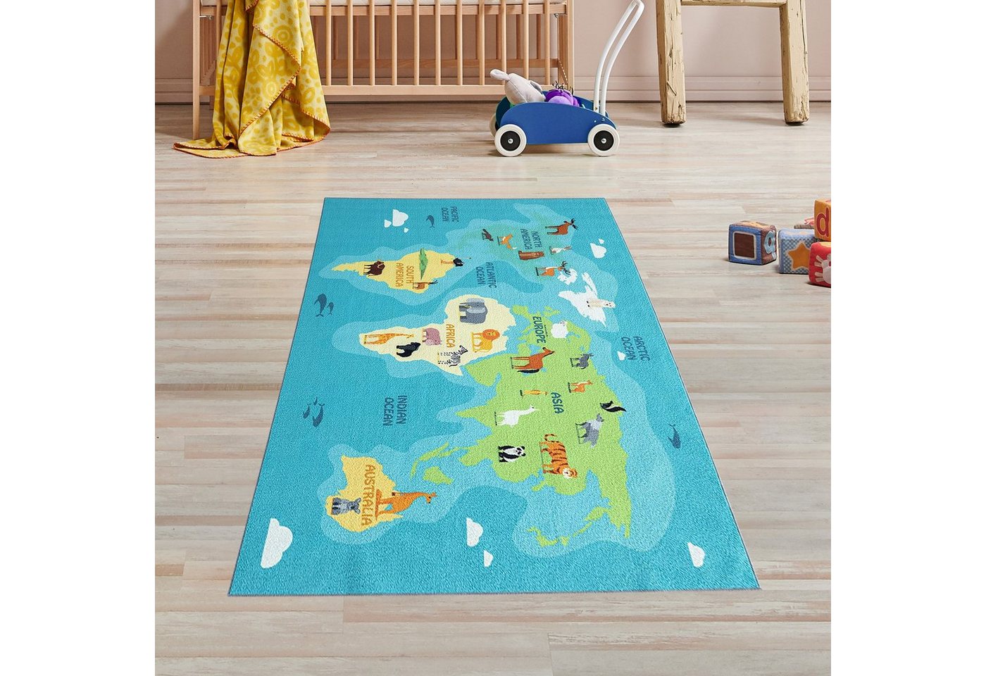 TeppichHome24 Teppich Kinderzimmer Weltkarten-Lernteppich mit Tieren in blau, rund, Höhe: 7 mm Bild 5