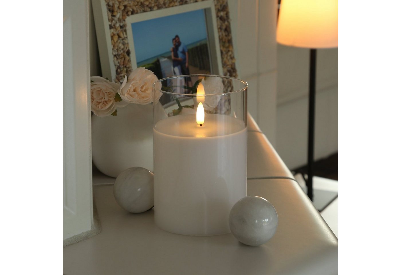 MARELIDA LED-Kerze LED Kerze im Glas Windlicht Echtwachs Timer H: 15cm D: 10cm weiß, LED Classic Bild 4