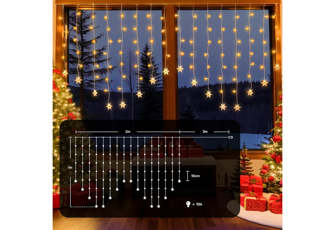 Salcar LED-Lichtervorhang 2M LED Schneeflocke Lichtervorhang Schneeflocken Lichterkette Außen, LED Weihnachtsdeko Fenster mit 9 Modi und Speicherfunktion, Warmweiß Bild 3