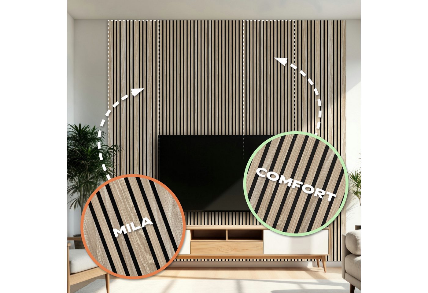 Hexim Wandpaneel, BxL: 60x278 cm, (Akustikpaneele 2 Stück 278x60cm Holz Mila - flexible Holzpaneele Platten Wanddeko Wand Kombipaneel Wandverkleidung Schalldämmung Akustikfilz braun 3.34m² Sonoma Oak) Bild 2