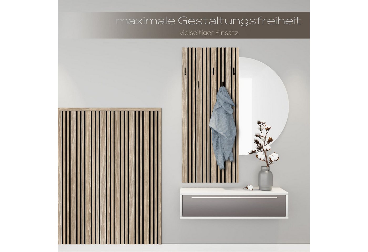Hexim Wandpaneel, BxL: 60x278 cm, (Akustikpaneele 2 Stück 278x60cm Holz Mila - flexible Holzpaneele Platten Wanddeko Wand Kombipaneel Wandverkleidung Schalldämmung Akustikfilz braun 3.34m² Sonoma Oak) Bild 3