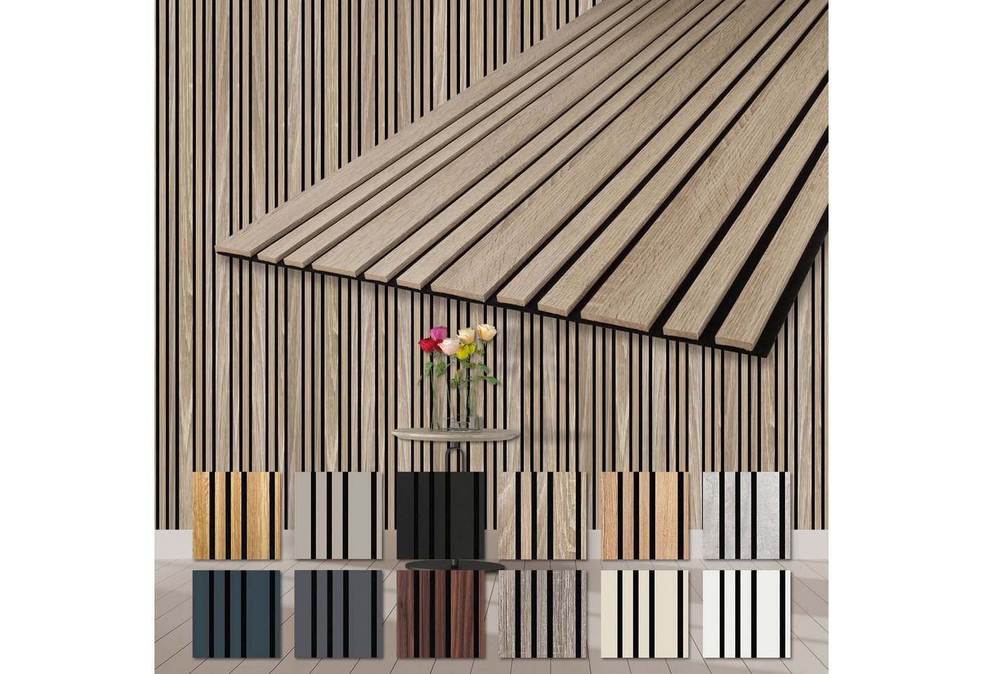 Hexim Wandpaneel, BxL: 60x278 cm, (Akustikpaneele 2 Stück 278x60cm Holz Mila - flexible Holzpaneele Platten Wanddeko Wand Kombipaneel Wandverkleidung Schalldämmung Akustikfilz braun 3.34m² Sonoma Oak) Bild 4