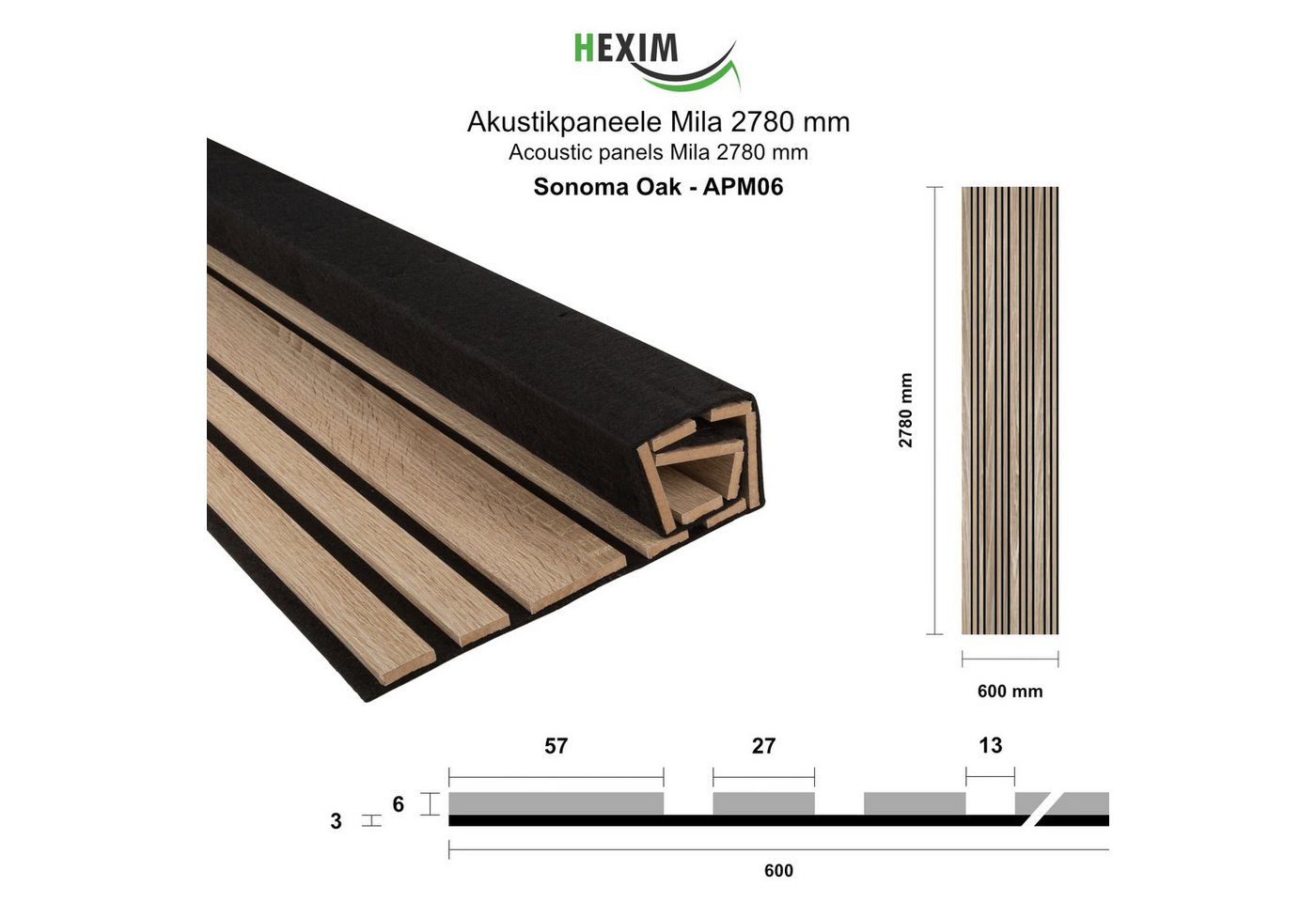 Hexim Wandpaneel, BxL: 60x278 cm, (Akustikpaneele 2 Stück 278x60cm Holz Mila - flexible Holzpaneele Platten Wanddeko Wand Kombipaneel Wandverkleidung Schalldämmung Akustikfilz braun 3.34m² Sonoma Oak) Bild 5