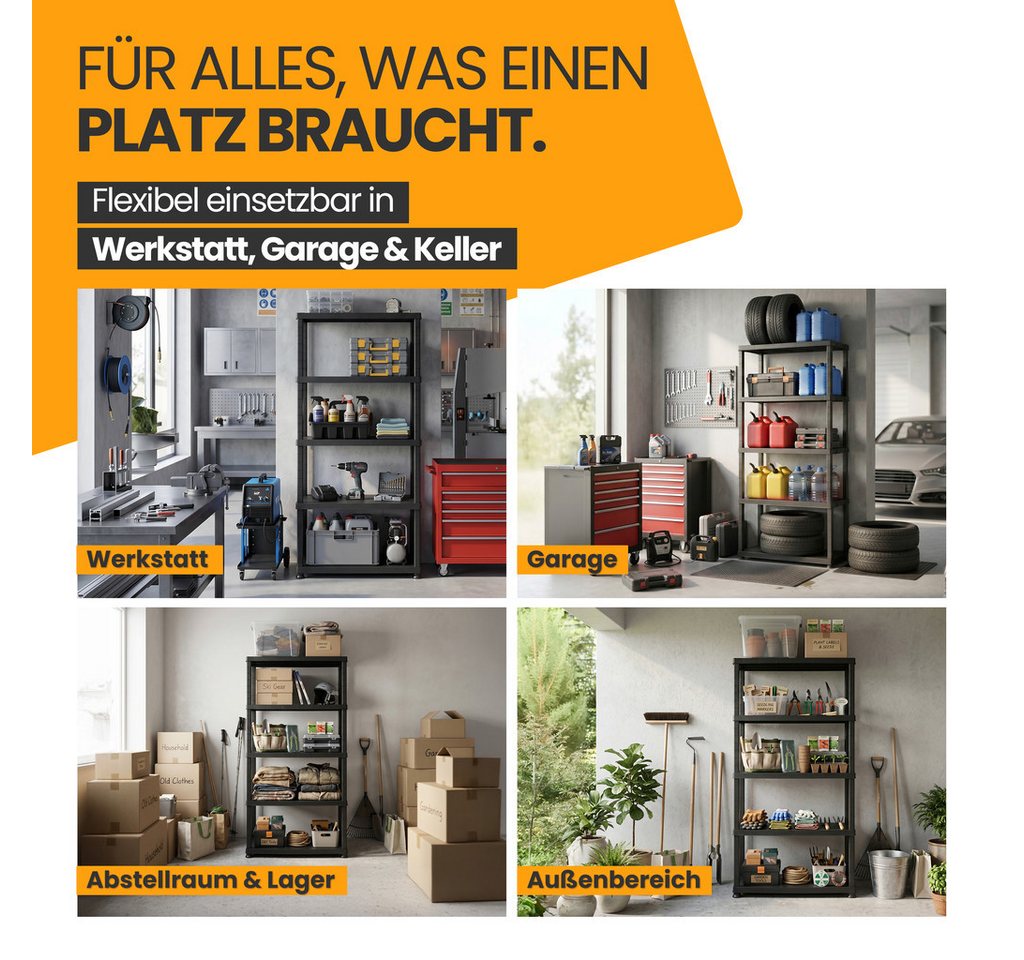 KreLeo Schwerlastregal 'Evo' mit 5 Böden - aus Kunststoff - in Schwarz (Set wählbar)