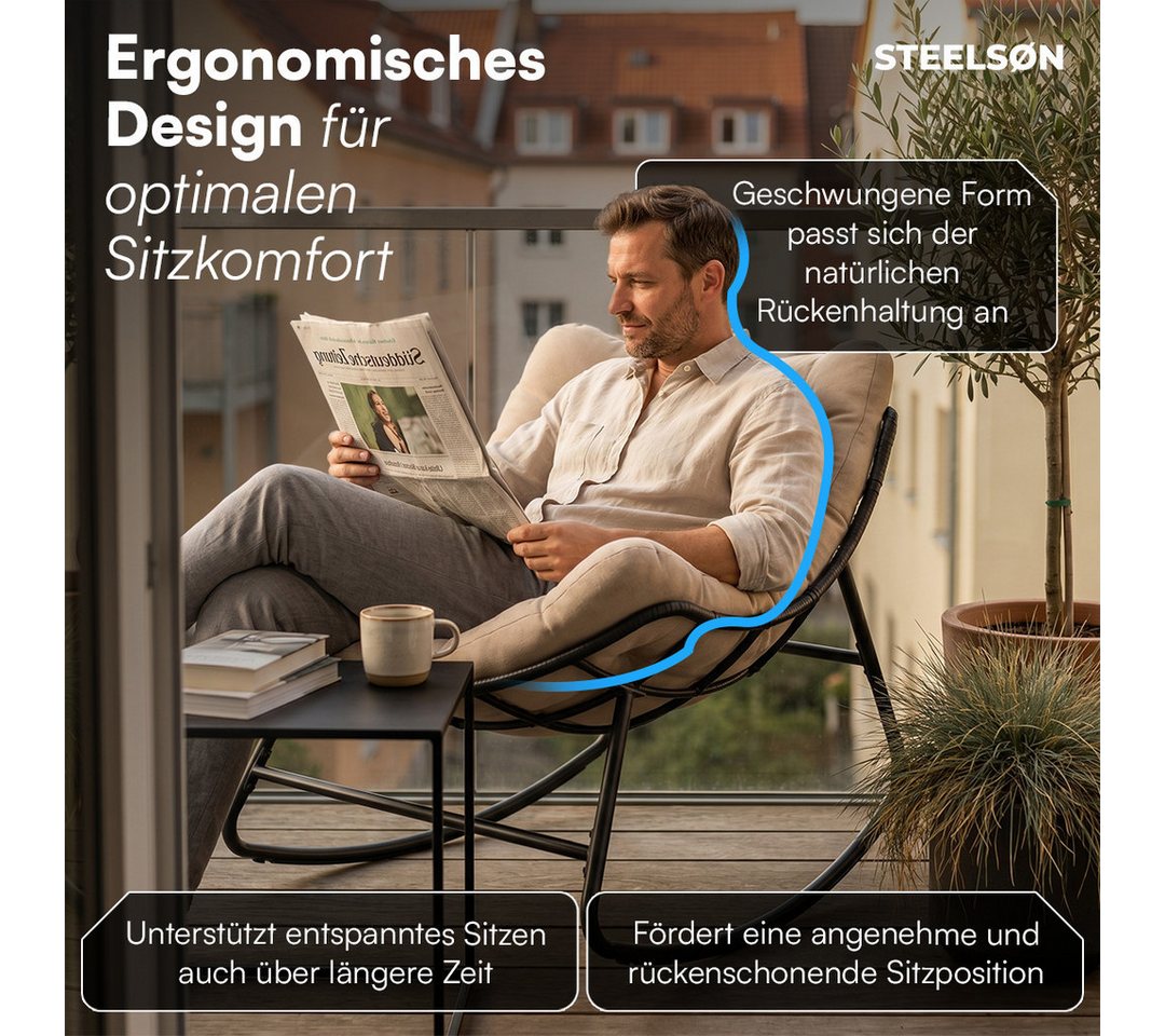 STEELSØN Schaukelstuhl Veldora Rattan XXL Schaukelsessel mit Sitzpolstern für Innen & Außen (Beige, Stahlgestell 75x100x65 cm), Relaxsessel wetterfest & rutschfest, Lounge Sessel bis 125 kg