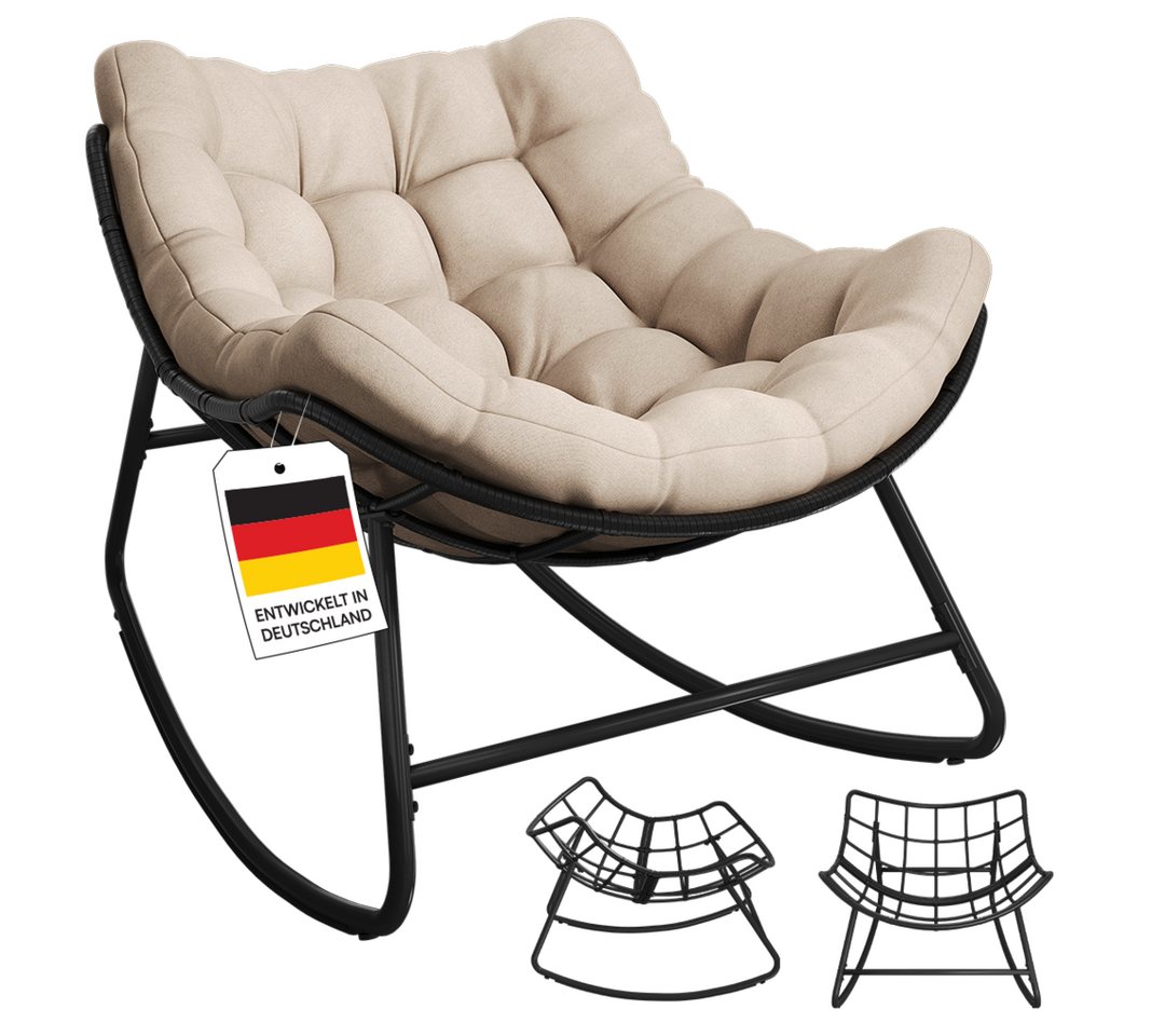 STEELSØN Schaukelstuhl Veldora Rattan XXL Schaukelsessel mit Sitzpolstern für Innen & Außen (Beige, Stahlgestell 75x100x65 cm), Relaxsessel wetterfest & rutschfest, Lounge Sessel bis 125 kg Bild 2