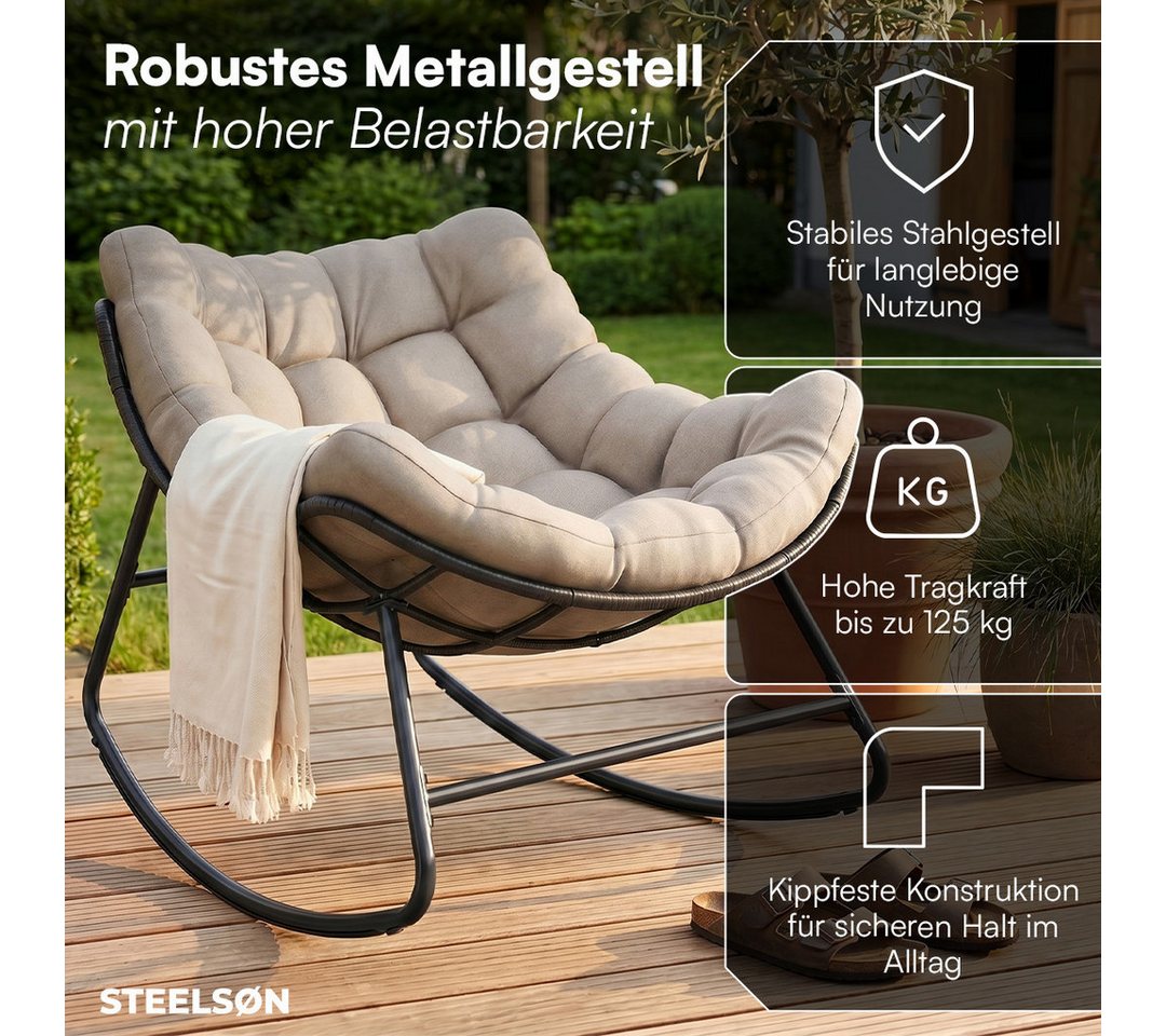 STEELSØN Schaukelstuhl Veldora Rattan XXL Schaukelsessel mit Sitzpolstern für Innen & Außen (Beige, Stahlgestell 75x100x65 cm), Relaxsessel wetterfest & rutschfest, Lounge Sessel bis 125 kg Bild 4